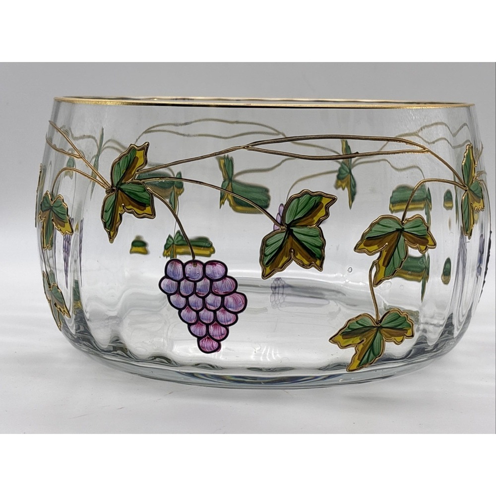 Large Vintage Crystal Clear Romania Handcrafted Crystal Bowl Grapevine Design 9"